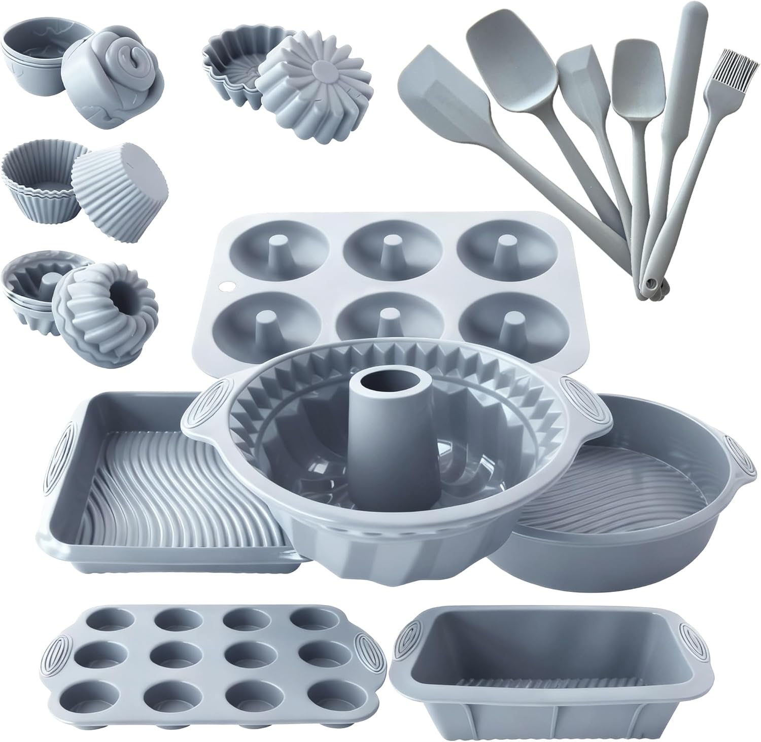 Skiennix 28 PCS Nonstick Silicone Baking Pans Set - Versatile Cake Molds & Muffin Pans | Light Grey