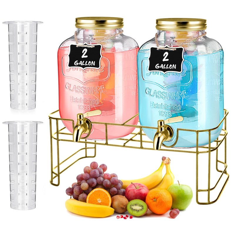 FillTouch 2 Pcs Glass Drink Dispenser for Parties Glass Water Beverage Dispenser with Stand Ice Cylinder 18/8 Stainless Steel Leakproof Spigot Hanging Chalkboard Signs Pen(2.5 Gallon)
