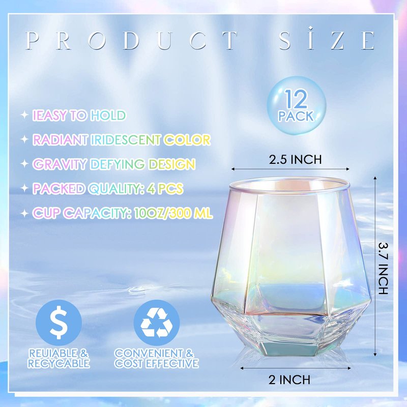 Zopeal Set of 12 Iridescent Stemless Wine Glass 10.5 oz Rainbow Glassware Cup for Cocktail Whiskey Christmas Wedding Birthday Party Home Bar Housewarming Gift