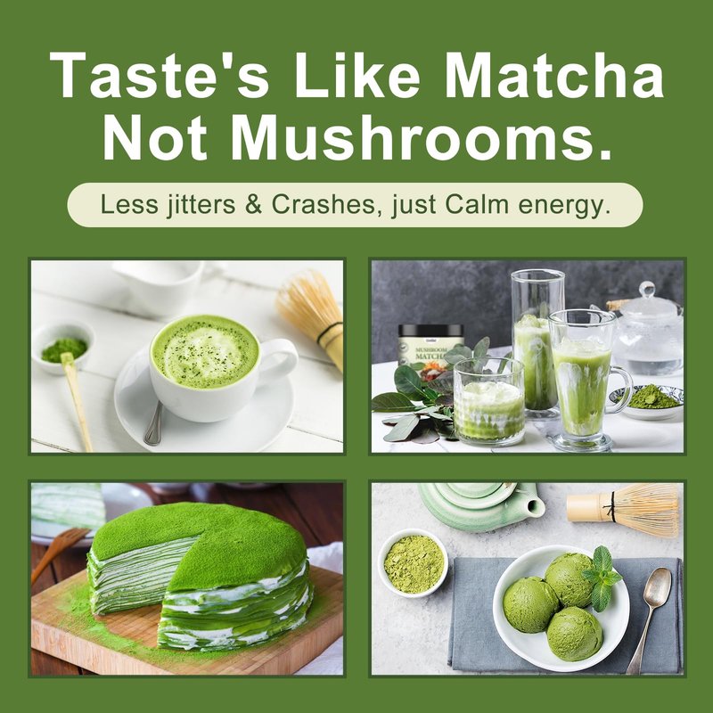 Grelim Mushroom Matcha Infused With 7 Superfood Mushrooms, MCT Oil, Coconut Milk Powder - Great Tasting Matcha Latte 3.52 Oz