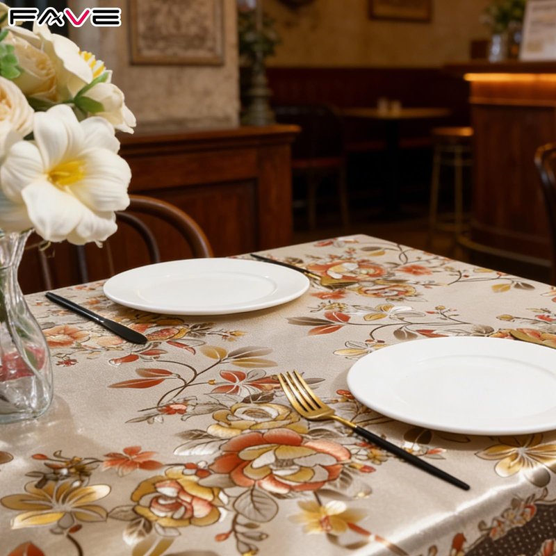 FAVE Peony Gold Tablecloths Vinyl Tablecloth for Kitchen Dining Table Wipeable PVC Tablecloth Cover for Rectangle Table for Wedding, Banquet, Birthday, Party, Restaurant Decorations（Gold,55”x87”）