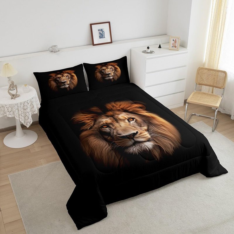 Homewish Lion Kids Comforter Set Twin Size,Wild Animals Wildlife Fur Bedding Set,Girls Boys Women Room Decor,Jungle Animals Hunting Down Comforter,Brown Black Retro Duvet Insert,1 Pillowcase