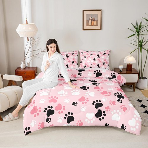 Feelyou Kids Dog Comforter Set - Twin Size, Kawaii Dog Animals Print Bedding Set - Pink, White, Black Duvet & Quilt Set (2Pcs)