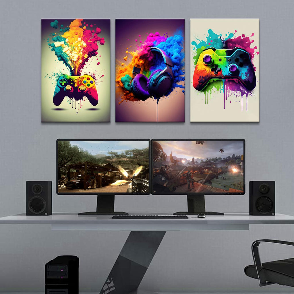 Skiennix Framed 3-Piece Game Room Wall Art - Neon Video Game Graffiti Posters | 12x16 Inch Decor