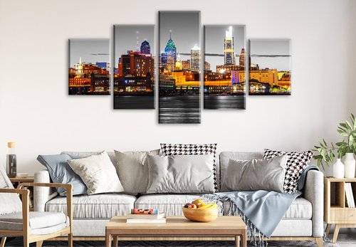 JiazuGo Philadelphia Skyline Wall Art for Living Room Wall Decor Black and White Night Scene Canvas Poster Decorations Office Bedroom Artwork 60" W×32" H