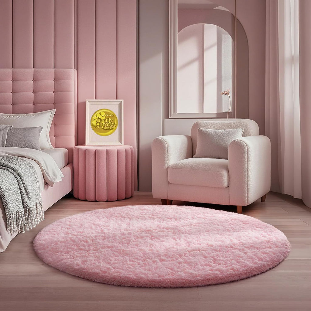 Ophanie Soft Fluffy Shaggy Rug - Pale Pink 4' Round for Bedroom, Living Room & Nursery Decor