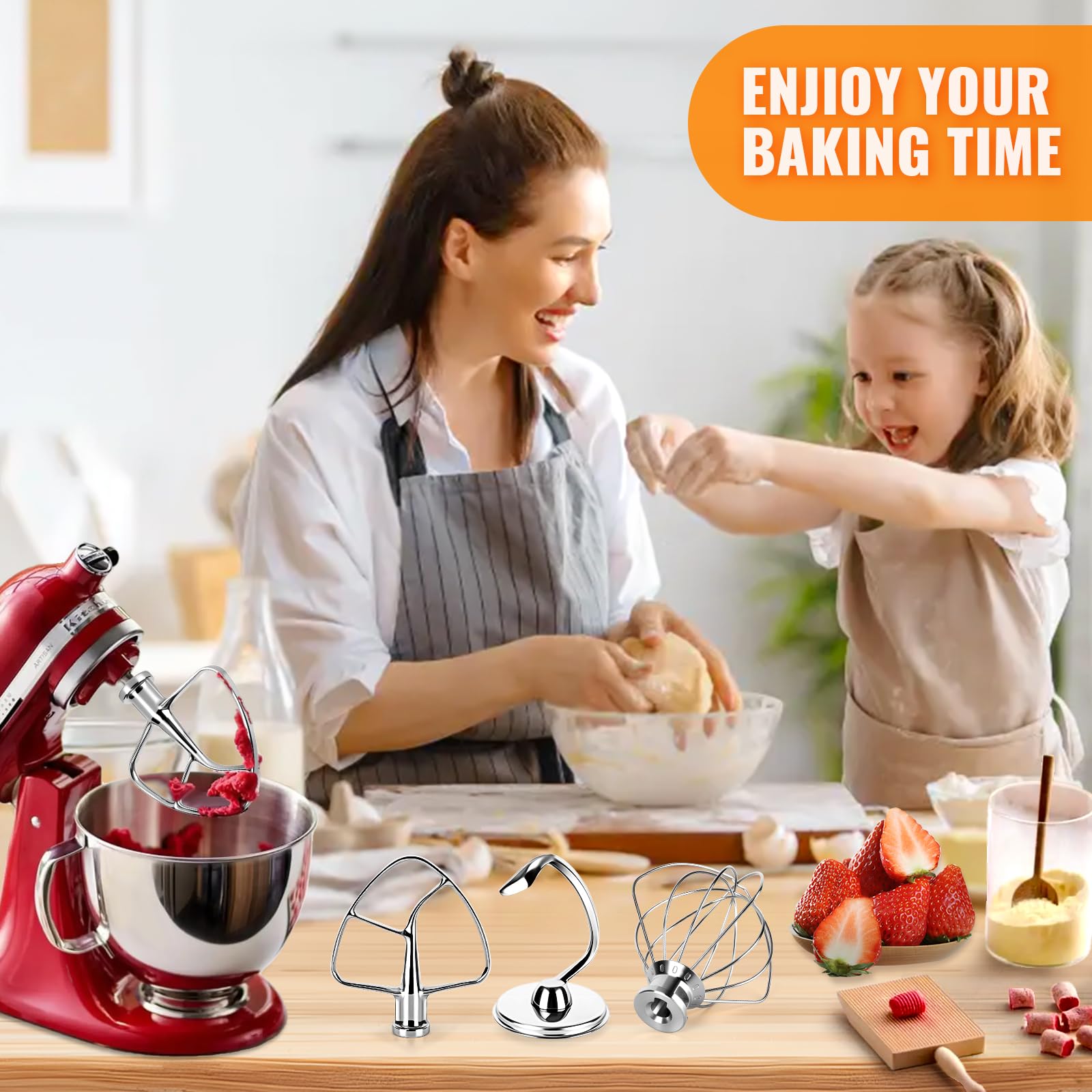 Kitchen Mixers Accessories for KitchenAid Stand Mixers, Stainless Steel Kitchen Mixer Attachment Includes K45WW Wire Whip, K45DH Dough Hook and K45B Flat Beater