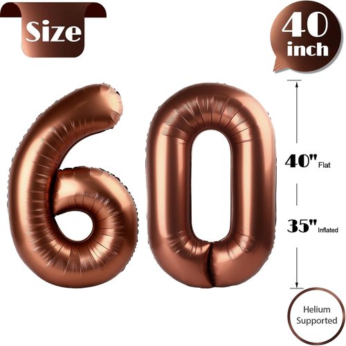 60th Birthday Decorations - Dark Brown Number 60 Balloon | 40-Inch Party Supplies for Men & Women