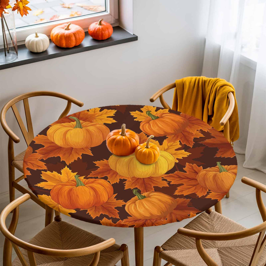 Thanksgiving Pumpkin Maple Leaves Round Table Cloth Fitted Tablecloth,Fall Table Cover with Elastic Edge Waterproof Table Cloth,Autumn Harvest Circle Table Covers for Kitchen Indoor Outdoor 45-54in
