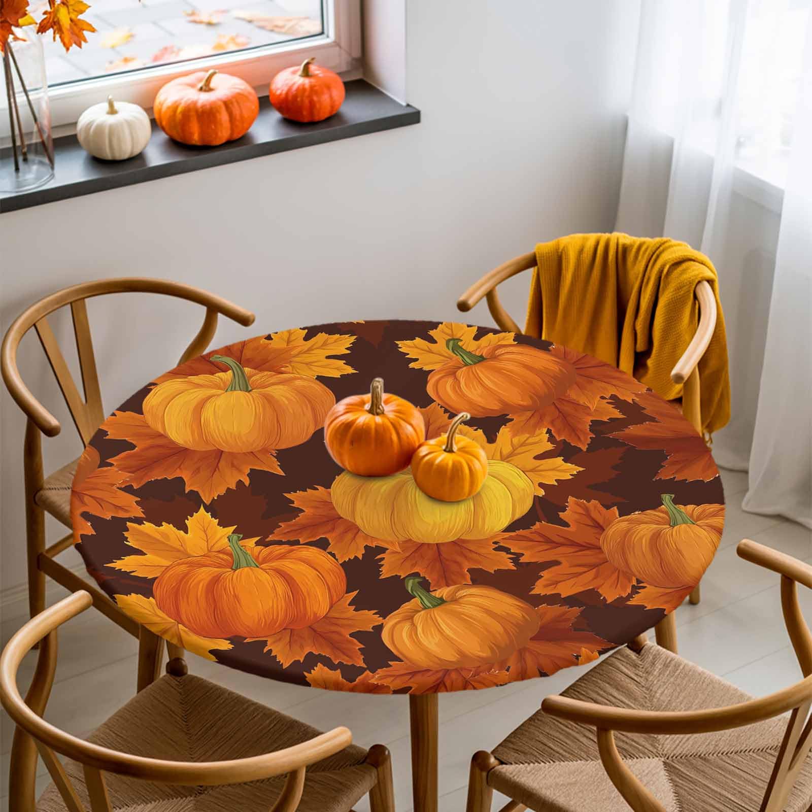 Thanksgiving Pumpkin Maple Leaves Round Table Cloth Fitted Tablecloth,Fall Table Cover with Elastic Edge Waterproof Table Cloth,Autumn Harvest Circle Table Covers for Kitchen Indoor Outdoor 45-54in