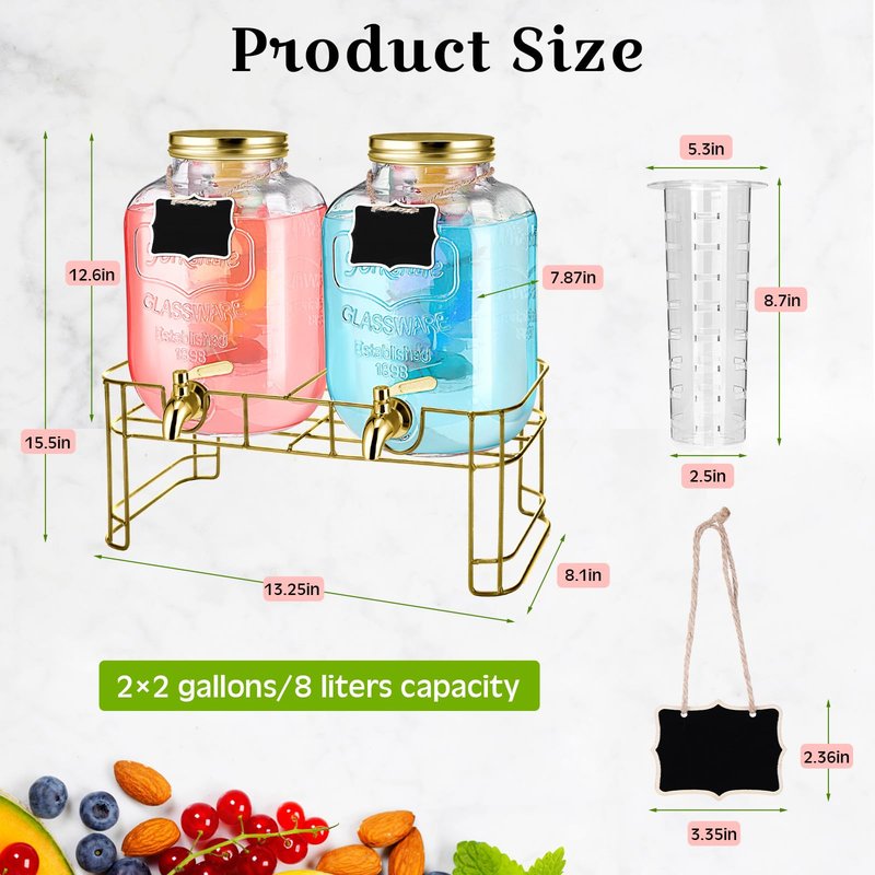 FillTouch 2 Pcs Glass Drink Dispenser for Parties Glass Water Beverage Dispenser with Stand Ice Cylinder 18/8 Stainless Steel Leakproof Spigot Hanging Chalkboard Signs Pen(2.5 Gallon)