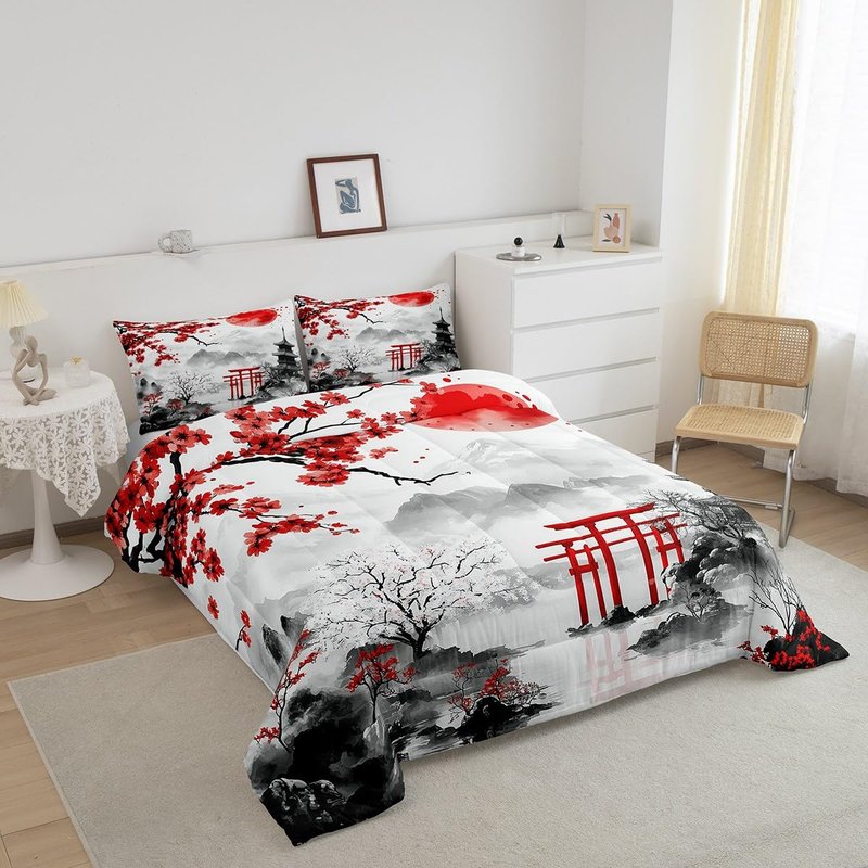 Feelyou Japanese Style Comforter Set Twin Size Kids Red Cherry Blossoms Bedding Set for Boys Girls Teens Mount Fuji Torii Comforter Breathable Ink Painting Duvet Set Sunset Quilt Set