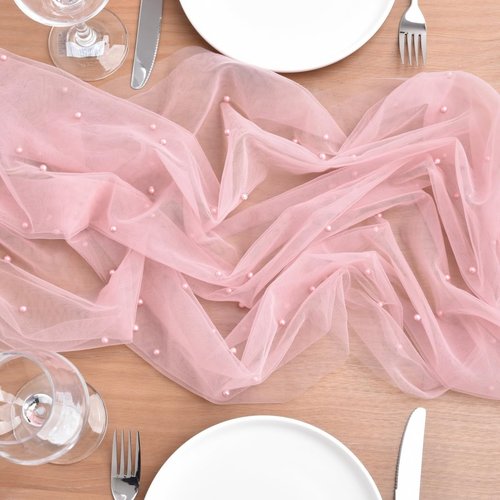Dlpafzy Dusty Rose Pearl Table Runner Boho Rustic Tulle Lace Spring Easter Table Runner for Baby Shower Wedding Arch Decor Veil Dessert Table Decor 3pcs