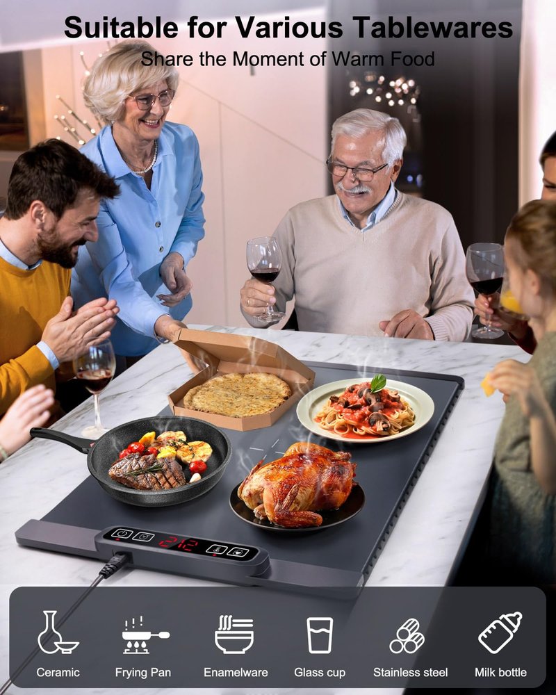 AUTOPkio Food Warming Mat, Rapid-Heat Electric Warming Tray with 5 Adjustable Temperature Settings, 1-4H Auto Shut-Off Timer & Child-Safe Lock, Roll-Up Design for Buffets, Parties & Family Gatherings
