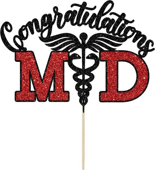 Congratulations MD Cake Topper - Black & Red Glitter Graduation Decoration for Medical School Grads