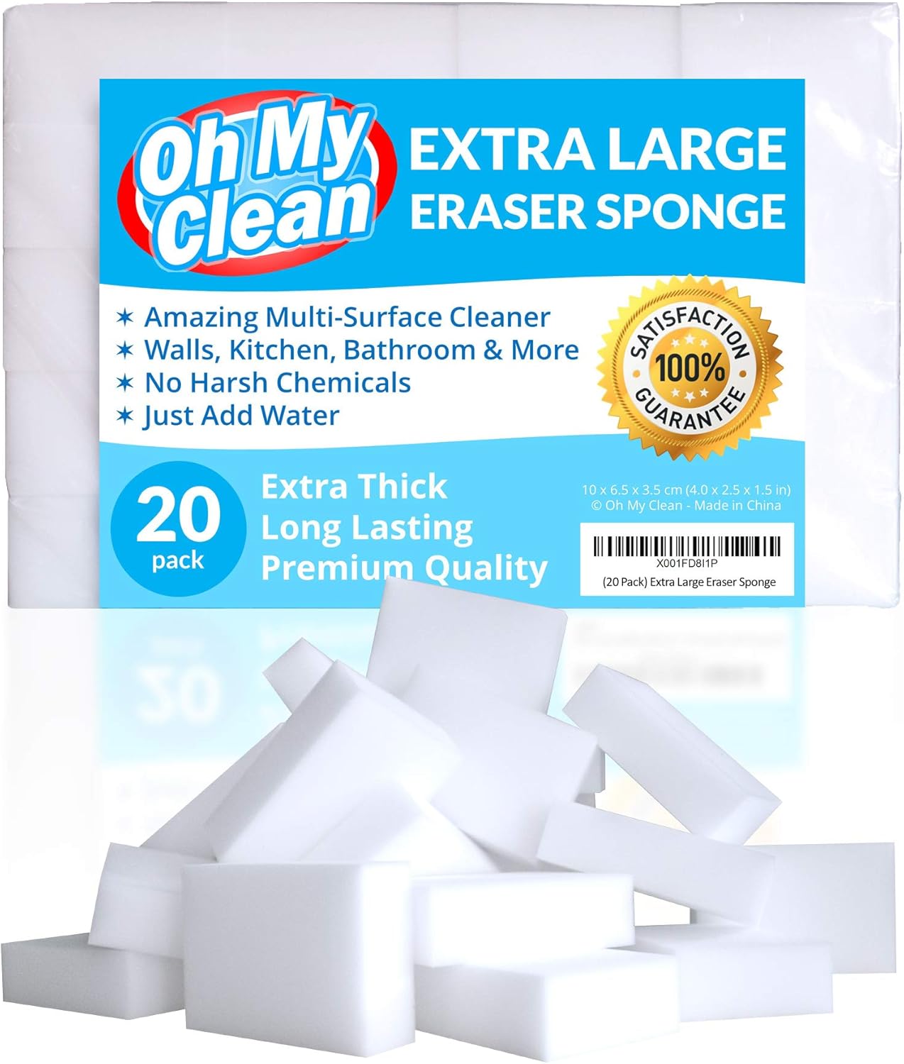Skiennix Extra Large Eraser Sponge - Extra Thick, Long Lasting Melamine Cleaning Pads | 20 Pack, White Foam for Home & Office