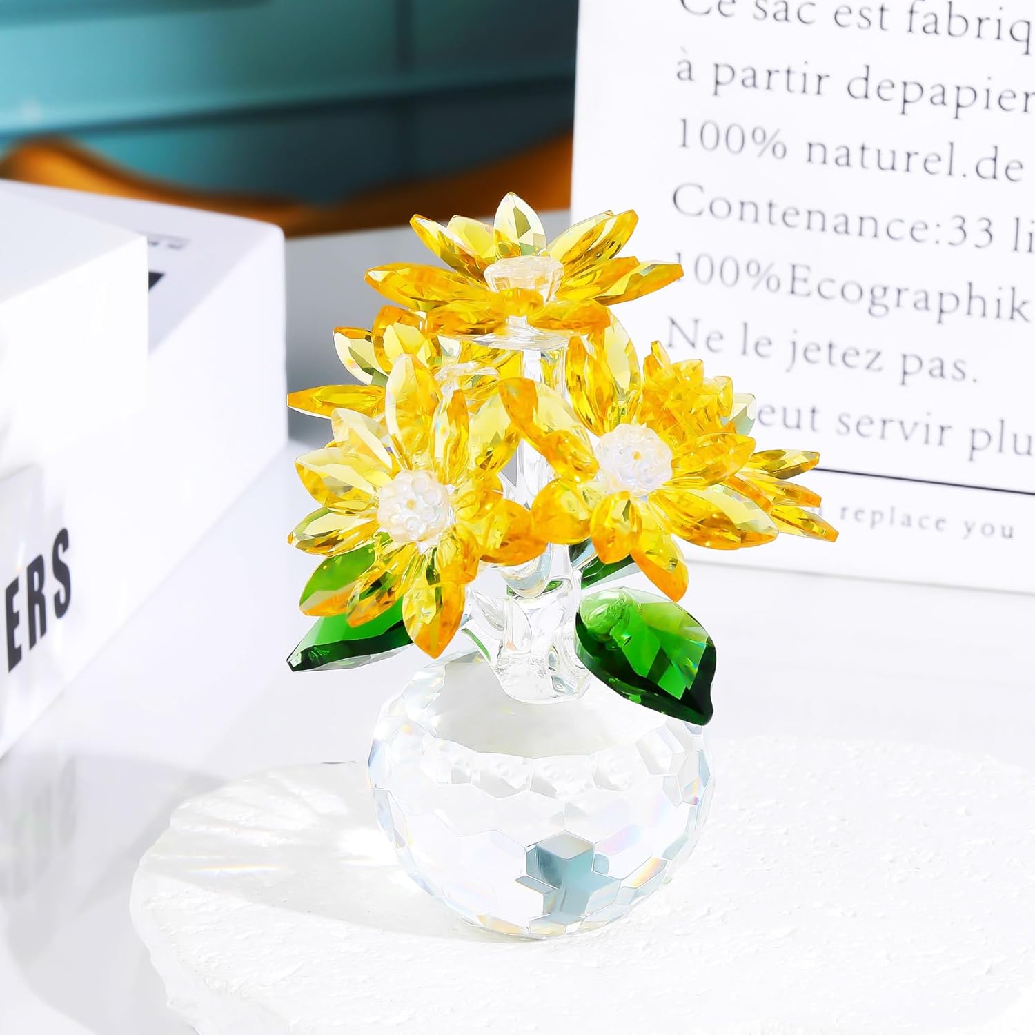 YWHL Handmade Yellow Crystal Flower Figurine - Elegant Glass Gift for Women | Perfect for Weddings & Holidays