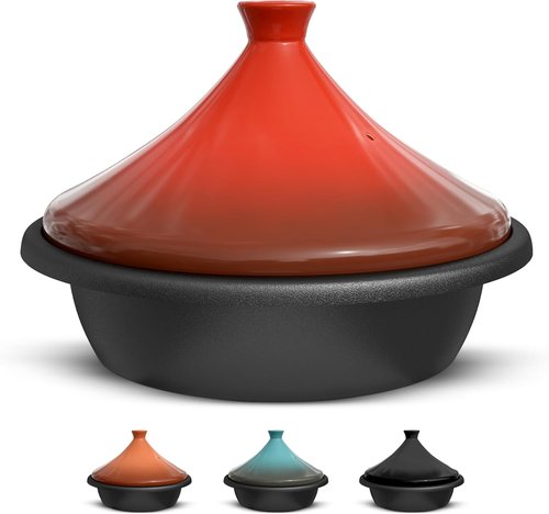 KooK Moroccan Tagine - Enameled Cast Iron Cooking Pot with Ceramic Lid - 3.3 QT in Crimson