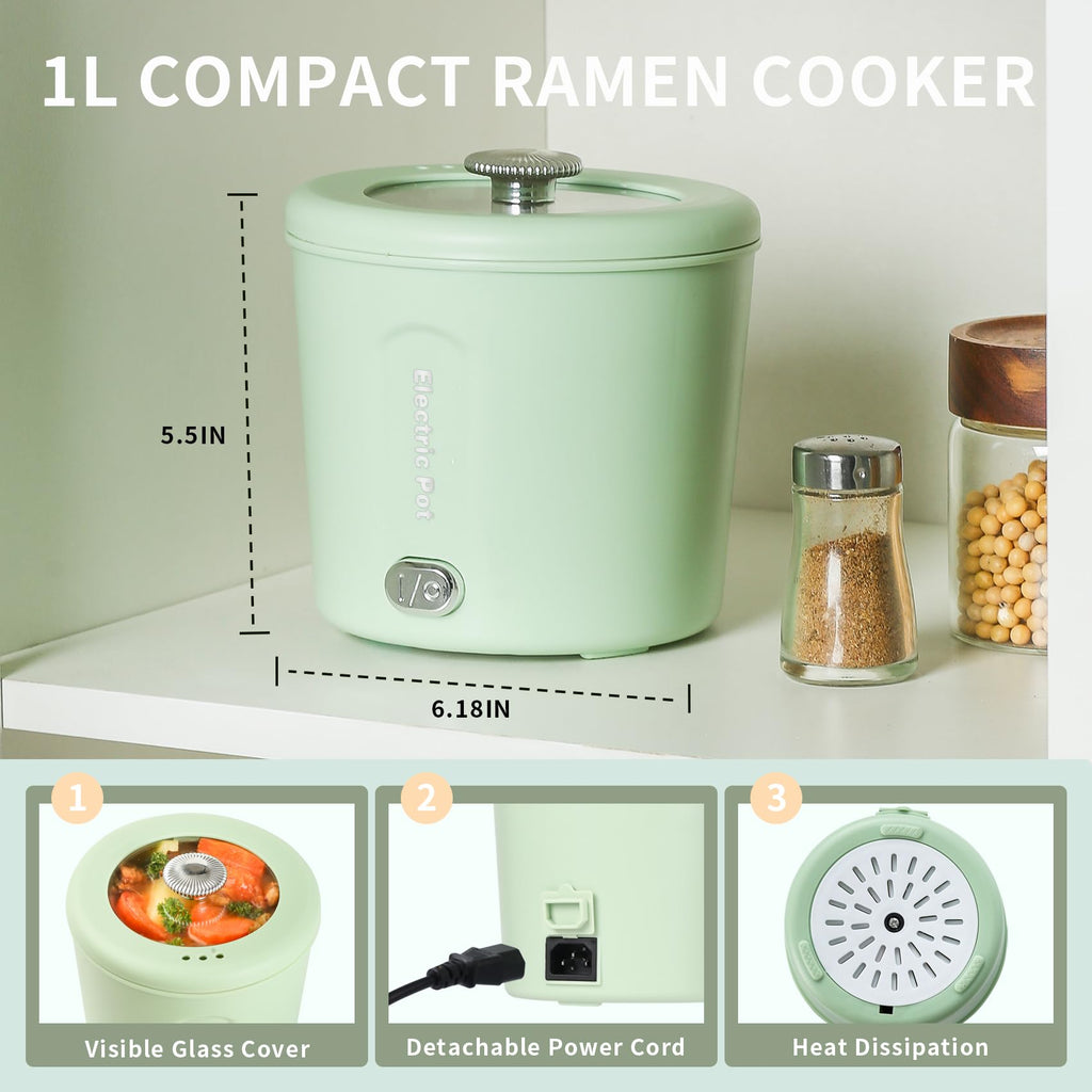 Zelarca Hot Pot Electric, 1L Mini Ramen Cooker, 450W Rapid Noodles Cooker, Multifunctional Electric Pot for Cooking Pasta, Soup, Portable Pots with Over-Heating Protection for Dorm, Office, Travel