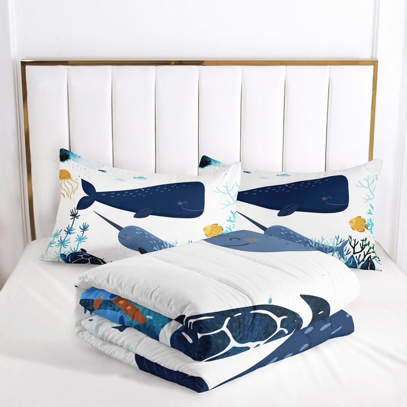 Nttopship Cartoon Whale Bedding Comforter Set for Kids Teens and Adults Ocean Theme Printed Quilt Set for Bedroom 100% Soft Microfiber All Season Print Quilt Set with 1 Comforter and 2 Pillow Case
