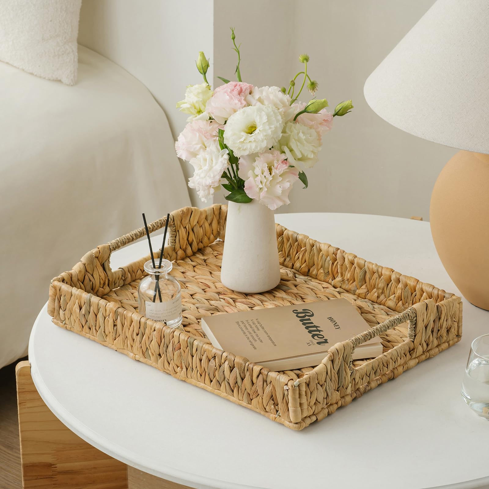 Rectangle Wicker Scalloped Serving Tray with Handles - Seagrass Handwoven Trays,Water Hyacinth Tray for Home Decor and Living Room, Dining Table, Bathroom Organizing, 17.3" L x 13.4" W x 3.6" H