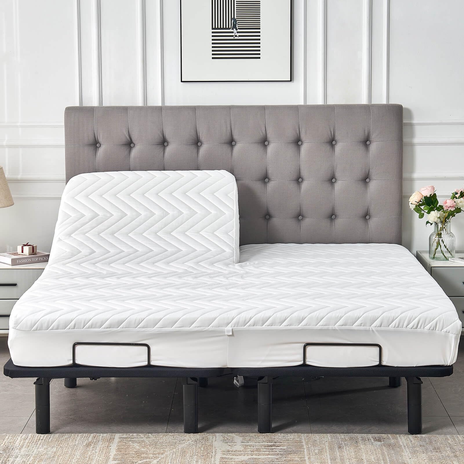 Kingnex Waterproof Quilted Split Top King Mattress Protector Pad for Adjustable Bed with Upper Flex Fitted Sheet Padded Mattress Cover 32-34 Split from Head