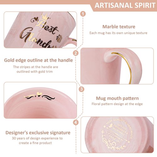 Doublewhale Grandma Gifts for Grandma, Mothers Day Birthday Gift for Grandmother from Granddaughter Grandson - 14Oz Pink Marble Ceramic Coffee Mugs Print with Real Gold - Lid Spoon Card, Box