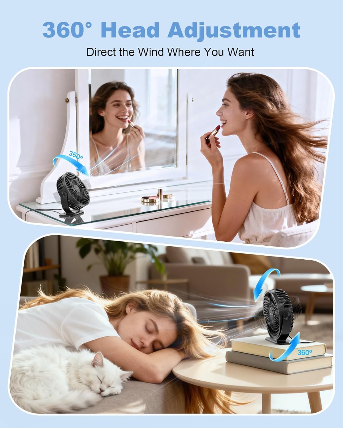 TriPole USB Powered Desk Fan - Portable Mini Fan with 3 Adjustable Speeds & 360° Rotation | Quiet Design for Home & Office - Black, 4.9ft Cable