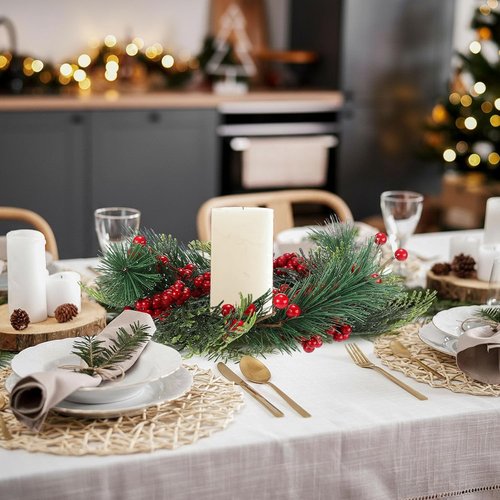 Knitgrip Mini Christmas Candle Rings - 4 Pcs Red Berry Pinecone Wreaths for Holiday Decor | Table Centerpieces