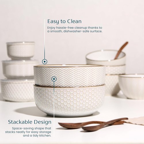 KooK Ceramic Salad Bowls - Embossed Large Serving Bowls for Pasta & Soup | Microwave & Dishwasher Safe, Cream with Dark Copper Accents, Set of 2, 60 oz