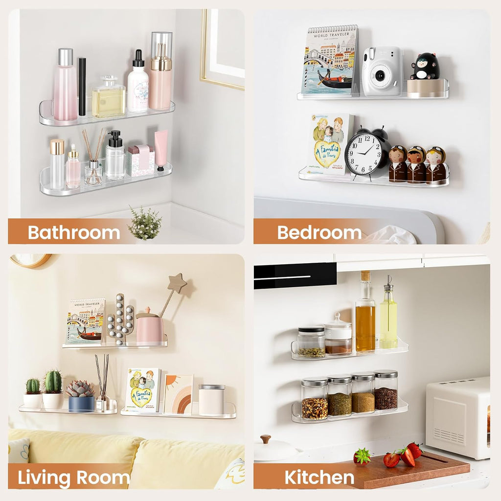 SpaceWhisper Floating Wall Shelves - 6-Pack 15" Clear Shelves for Bathroom, Bedroom, Kitchen & Living Room Decor