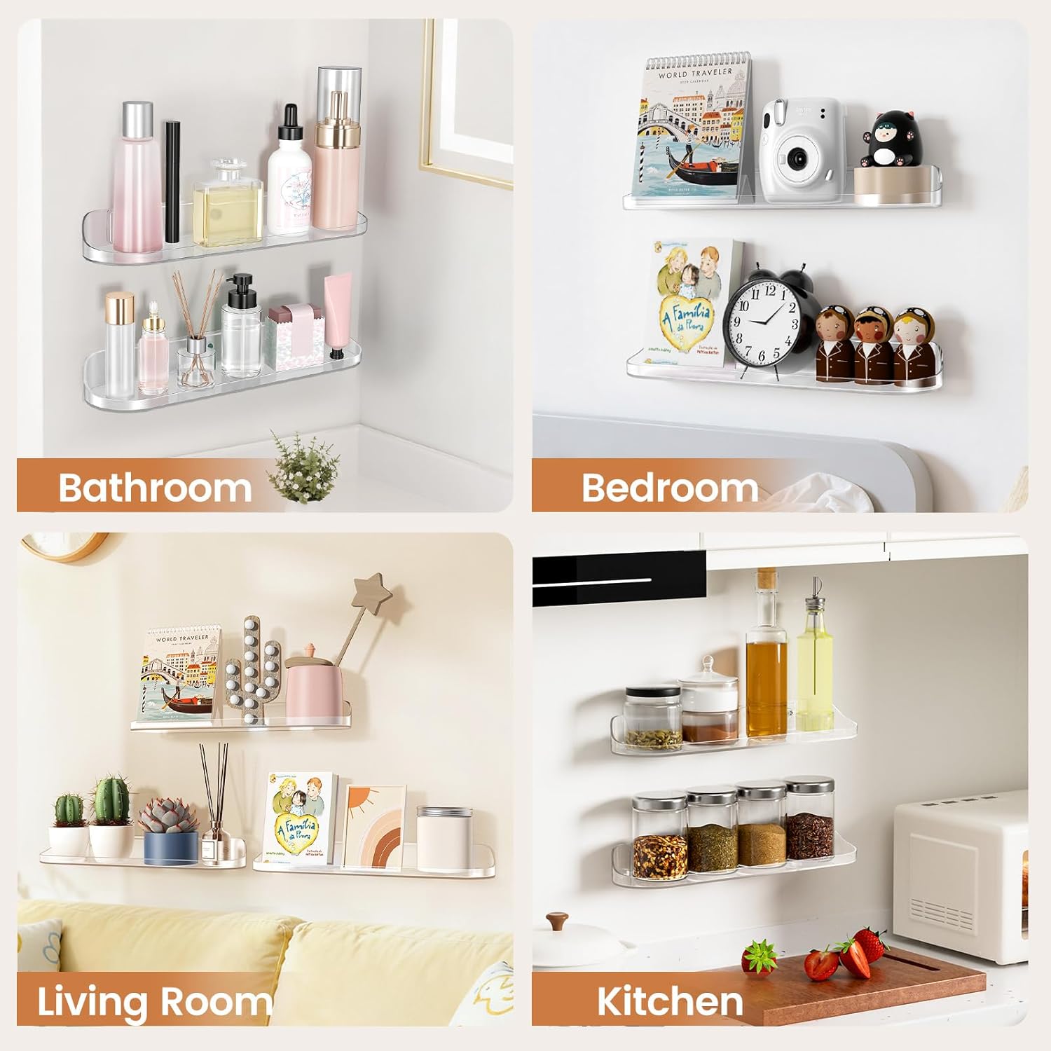 SpaceWhisper Floating Wall Shelves - 6-Pack 15" Clear Shelves for Bathroom, Bedroom, Kitchen & Living Room Decor