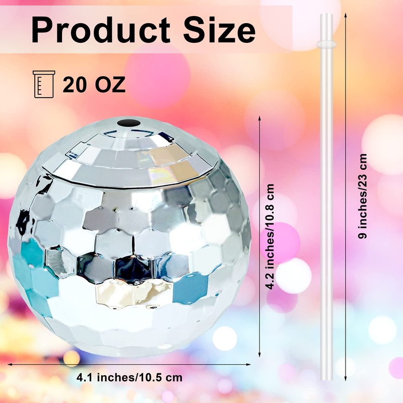 Breroa 6-Piece Disco Ball Cup Set with Lid, Straw & Sparkly Glitter - 20oz Mirrored Cocktail Drink Tumblers for Disco Bar Party Supplies, Silver