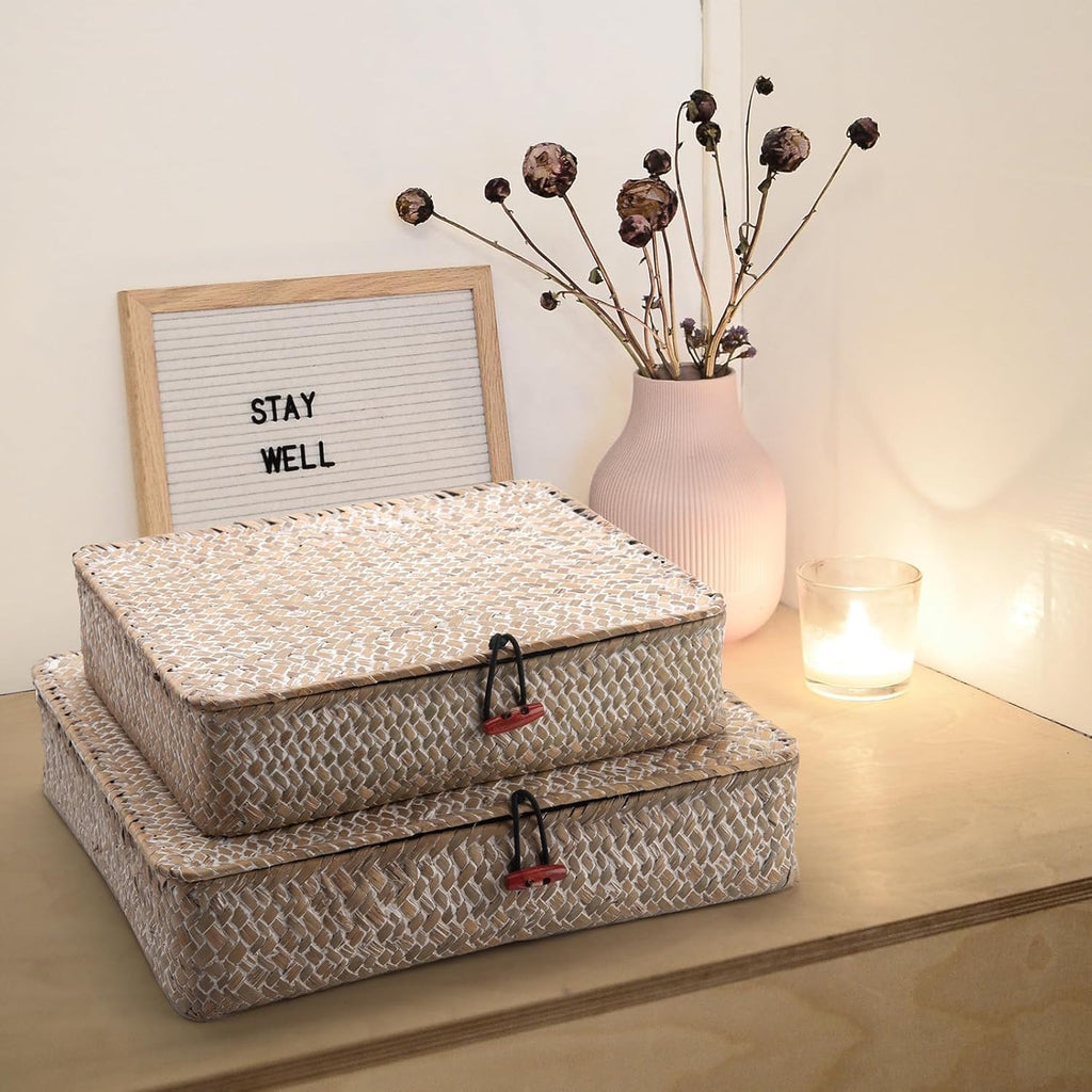Seagrass Storage Baskets - Woven Decorative Baskets with Lid for Organizing | Whitewash Finish