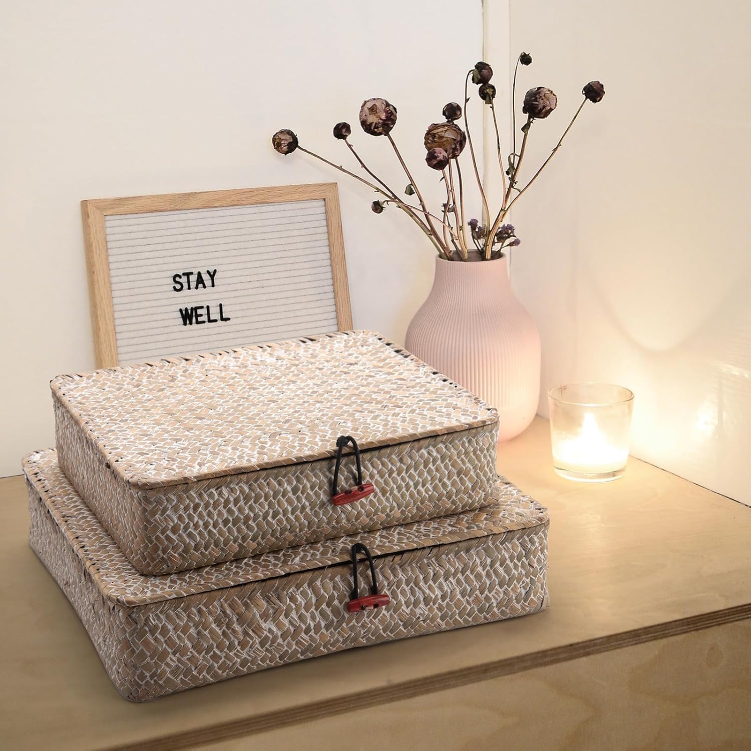 Seagrass Storage Baskets - Woven Decorative Baskets with Lid for Organizing | Whitewash Finish