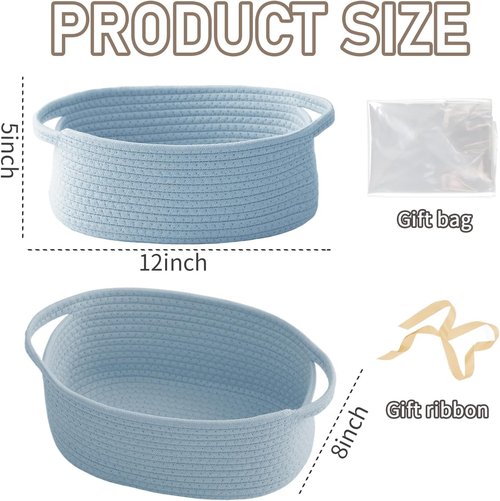 JMvicyroam Woven Storage Baskets - Small Rope Bins with Handles for Organizing Shelves | Blue, 2-Pack