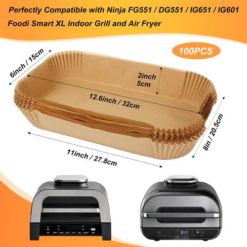 BYKITCHEN Air Fryer Liners - Set of 100 Rectangle Parchment Paper for Ninja Foodi Smart XL Grill