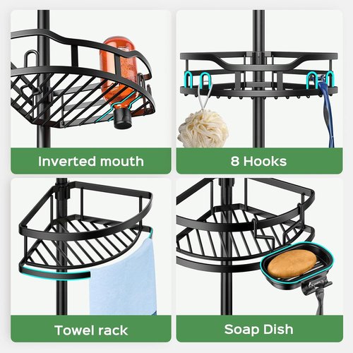 HAMITOR Shower Caddy - Rustproof Tension Pole Bathroom Organizer | 4-Tier Storage Rack for Renters - 47-121 Inch/Black