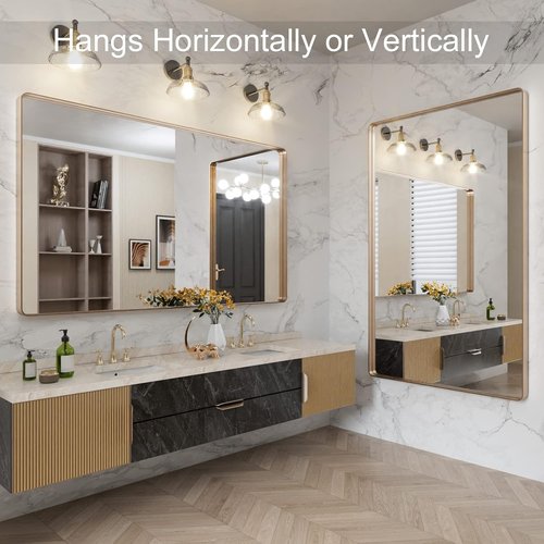 LOAAO Gold Bathroom Mirror - 60”X36” Rounded Rectangle Design | Brushed Gold Frame, Anti-Rust, Versatile Mounting Options