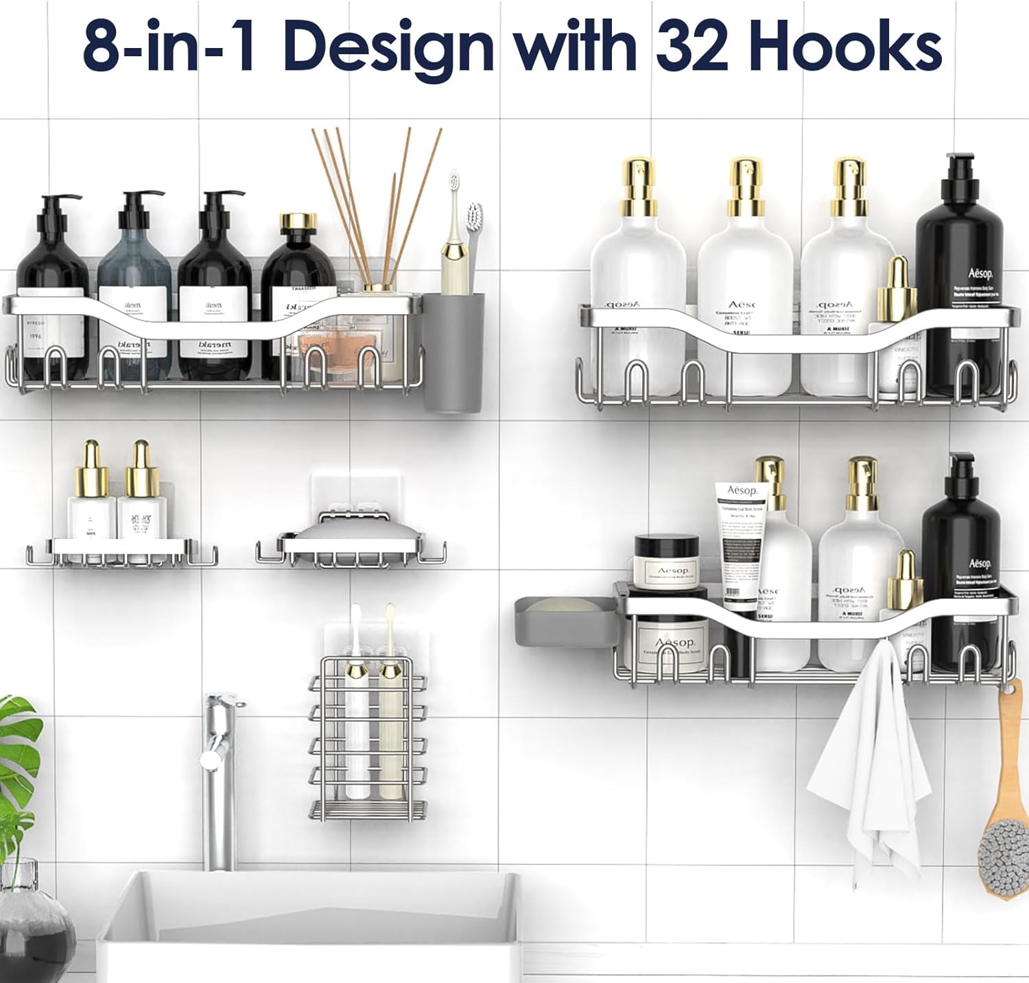 NESOMI Shower Caddy - Rustproof Stainless Steel Organizer with Large Capacity | No-Drill 8-Pack