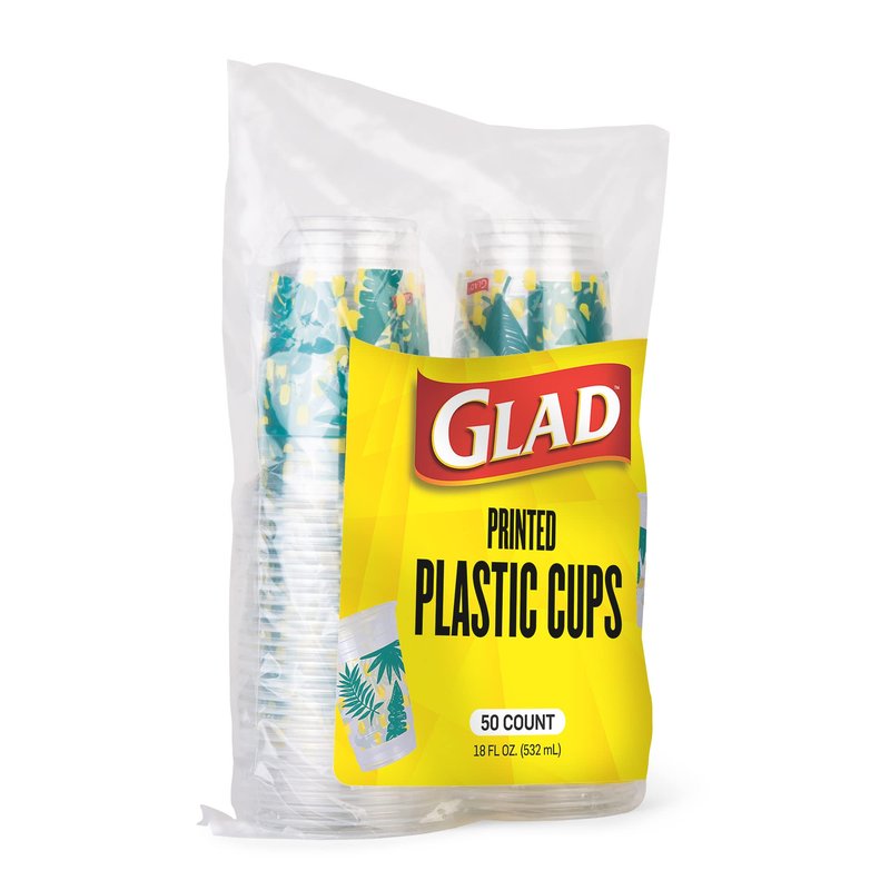 Glad Everyday Clear Plastic Cups with Palm Leaves Print - Sturdy Disposable Drinking Cups for Cold Beverages, Parties, Picnics, and Everyday Use, Recyclable #5 Plastic, 18 oz, 50 Count