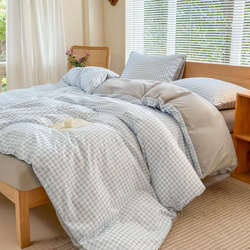 NSNLGSGC Light Blue Gingham Duvet Cover Set Twin, Blue Grid Simple Geometric Square Pattern Comforter Cover,Soft Plaid Washed Microfiber Bedding Cover(2PCS,Twin)