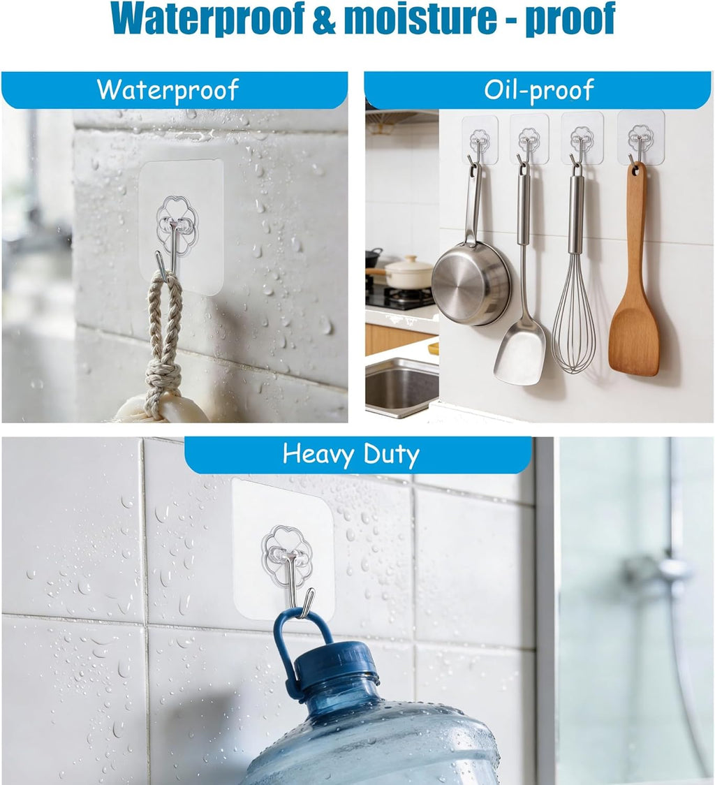 10 Pack Heavy Duty Self-Adhesive Wall Hooks by [Brand Name] - Transparent, Waterproof & Oilproof, Holds 33lbs for Bathroom & Kitchen