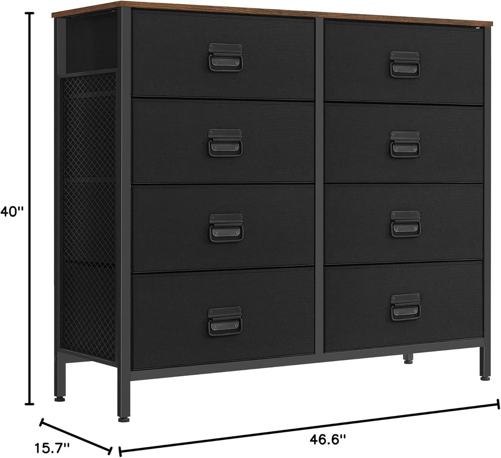 SONGMICS Fabric Dresser - 8 Drawer Storage Organizer Unit with Steel Frame | Rustic Brown & Black