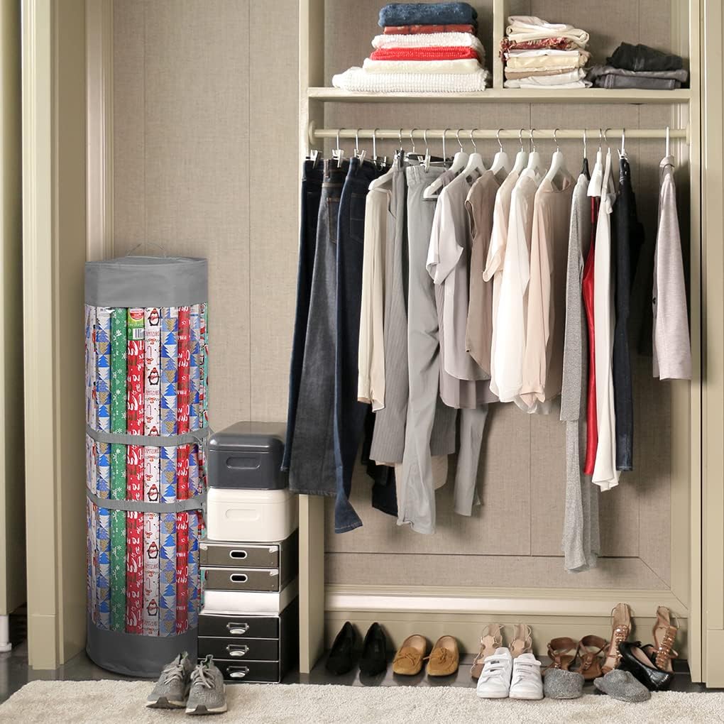 ProPik Wrapping Paper Organizer - Heavy Duty Storage Bag for 24 Rolls, Fits 40-Inch Long Wraps | Gray & Clear