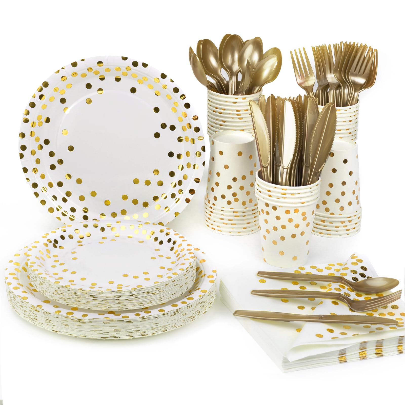 Lzerking Party Supplies Set - 280 Pieces of White and Gold Dot Paper Plates, Cups, Napkins, and Heavy Duty Silverware for 40 Guests for Birthdays, Graduation, Wedding, Festivals