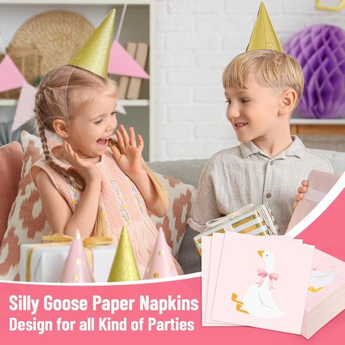 FYSUIMU Disposable Paper Napkins - Cute Pink Bow Goose Design | 50 Pcs for Birthday & Baby Shower Parties
