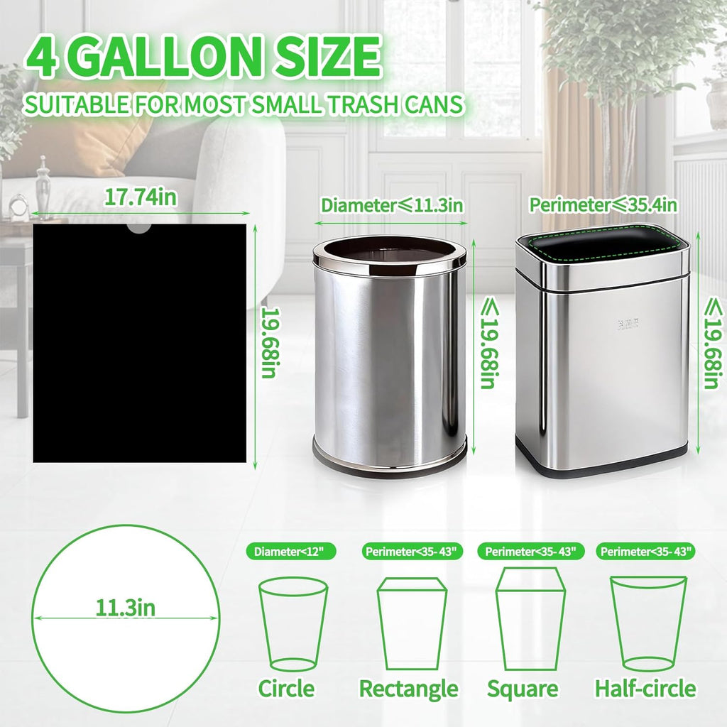 Skiennix 100 Count Small Drawstring Trash Bags - Thick Mini Wastebasket Liners for 4-Gallon Cans | Black
