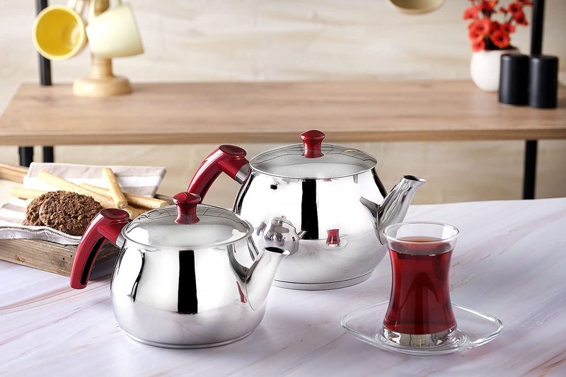 DESTALYA Turkish Teapot Set | Stainless Steel Double Tea Pots for Stove Top | Tea Maker with Strainer | Samovar Tea Kettle, Water Heater (Midi with Red Handles)
