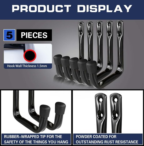 Dreecy J Heavy-Duty Utility Hooks - Perfect for Garage Storage | 5-Pack Black Wall Hooks